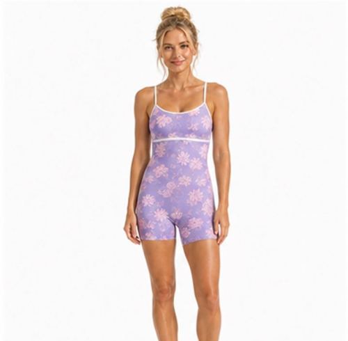 Custom Lavender Floral Cami Strap Yoga Jumpsuit - Contrast Piping One-Piece Workout Bodysuit