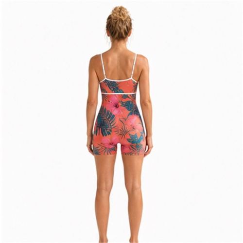 Custom Tropical Hibiscus Cami Strap Yoga Jumpsuit - Contrast Piping One-Piece Workout Bodysuit