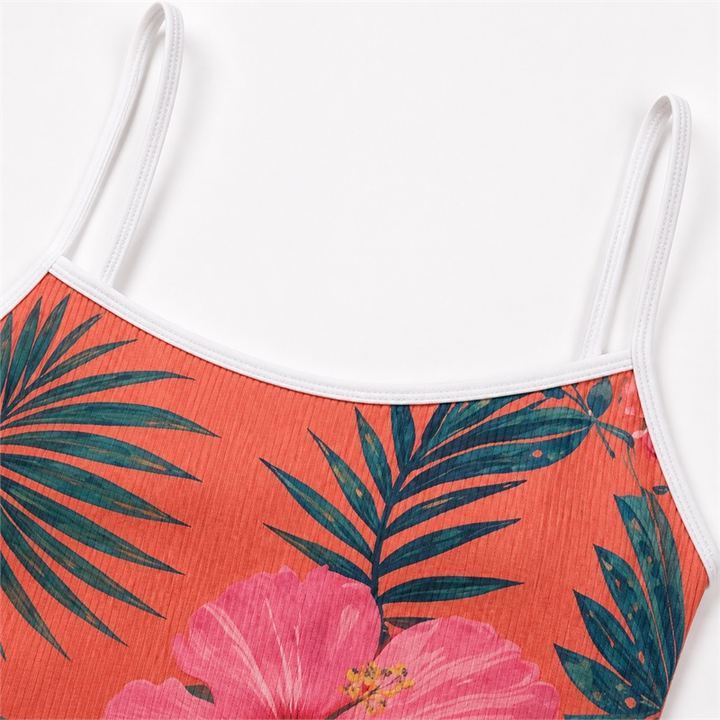 Coral Tropical Hibiscus Cami Strap Square Neckline Detail