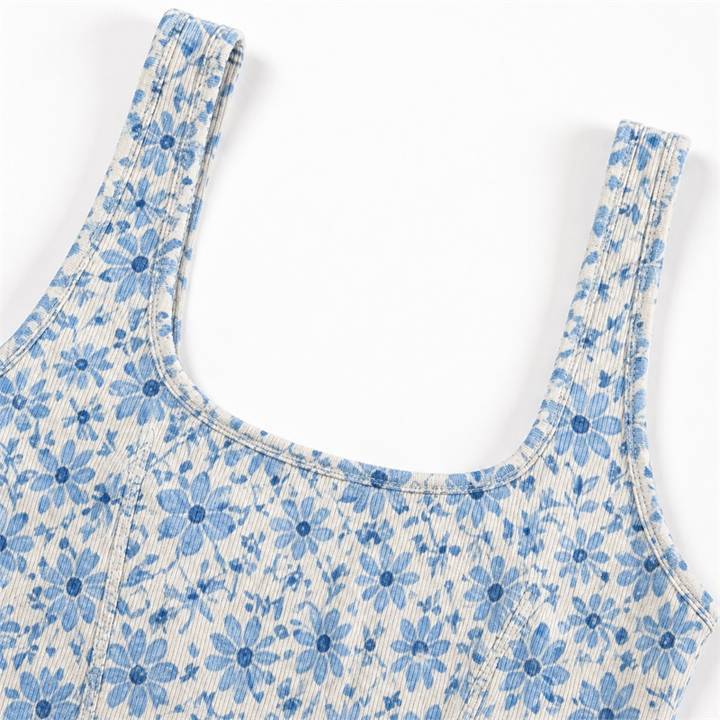 White & Blue Floral Square Neckline Detail