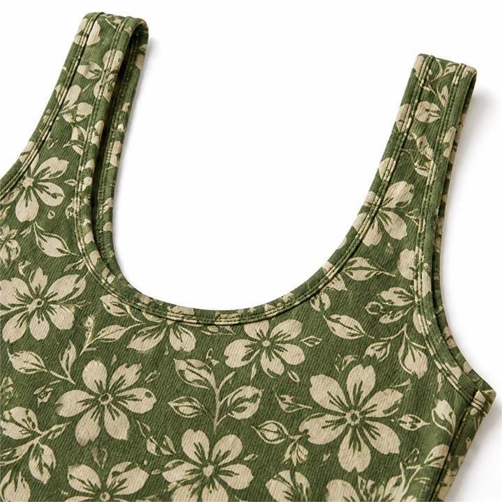 Olive Green & White Floral U-Neckline Detail
