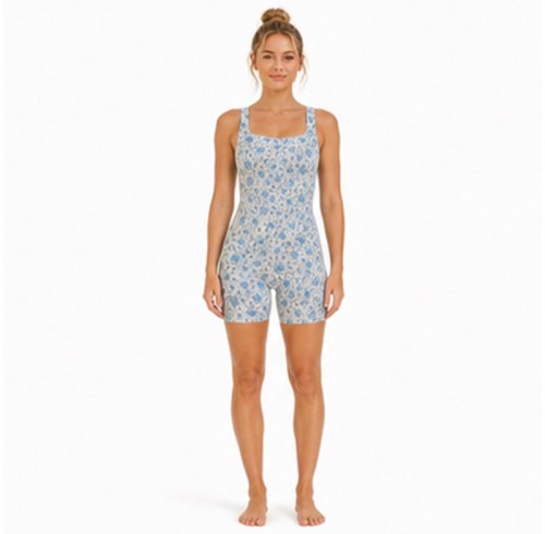 Custom Square Neck Floral Yoga Jumpsuit | Built-In Shorts for Studio