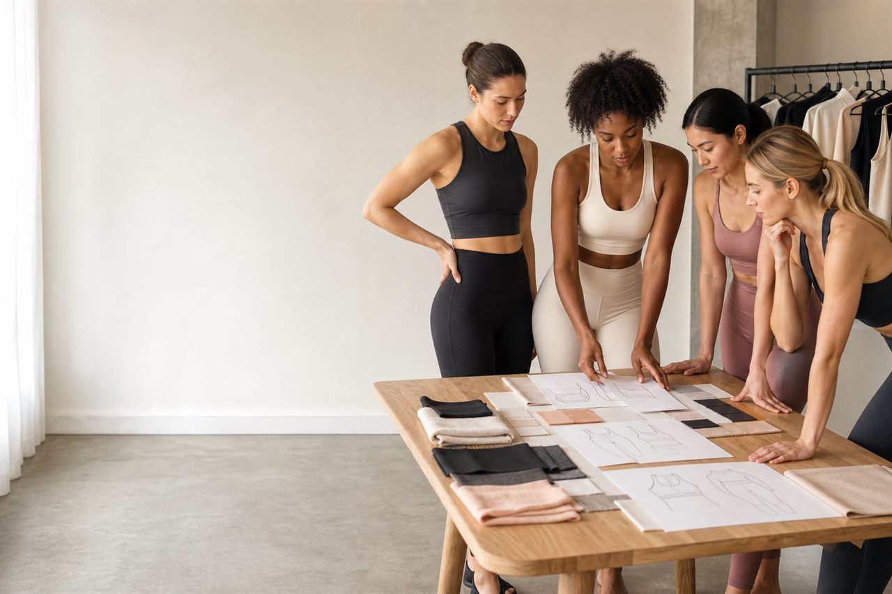 Activewear brand team reviewing private label collection concepts and fabric swatches