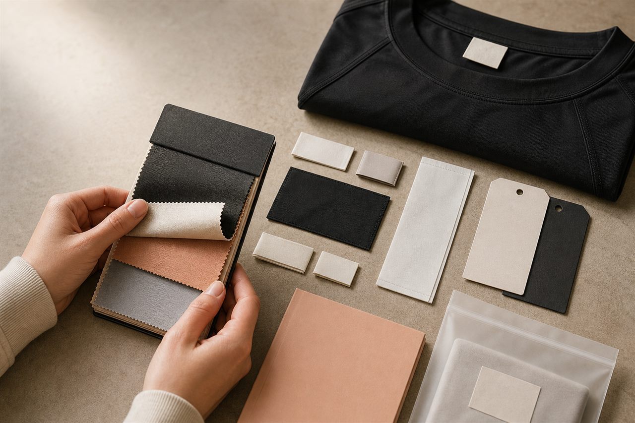 Private label activewear color swatches, blank labels, hang tags and packaging options