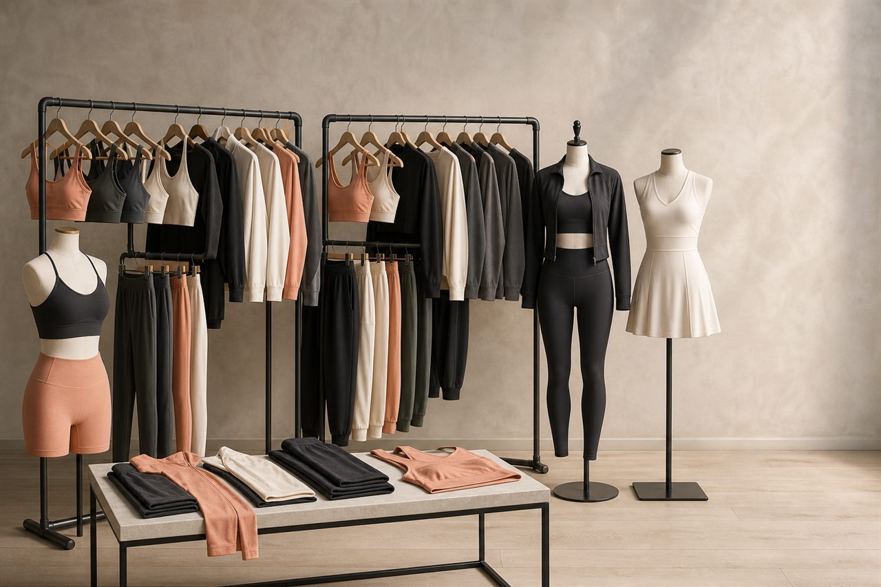 Coordinated women's private label activewear collection in a professional showroom