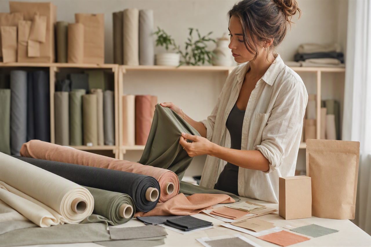 Activewear fabric selection and recyclable paper packaging samples