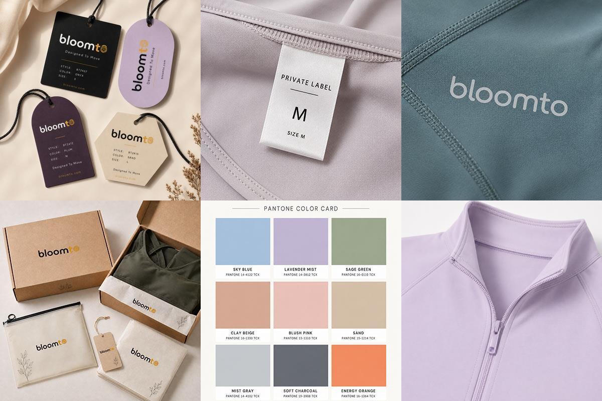 Bloomto private label options including logo, labels, Pantone colors, hang tags, trims and packaging