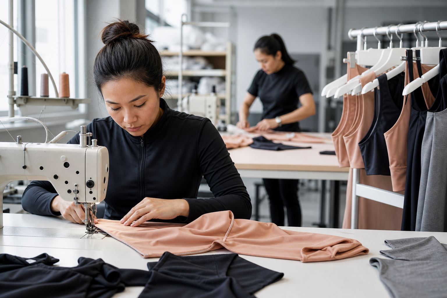 Activewear production team sewing private label garments