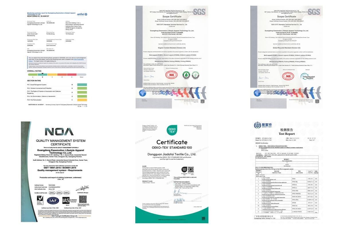 Bloomto certification and testing documents including ISO 9001, BSCI, GRS, OCS, OEKO-TEX and PFAS testing