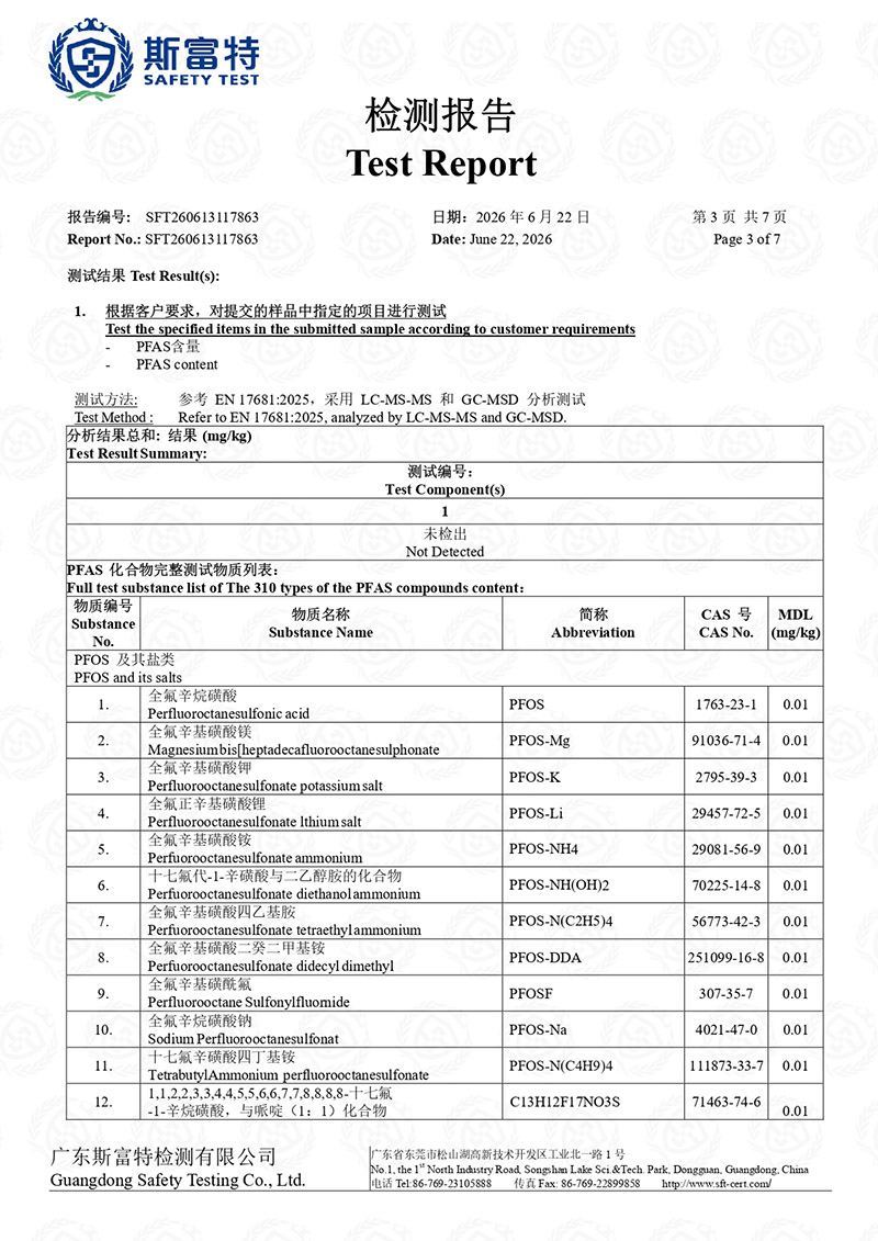 PFAS-free test report