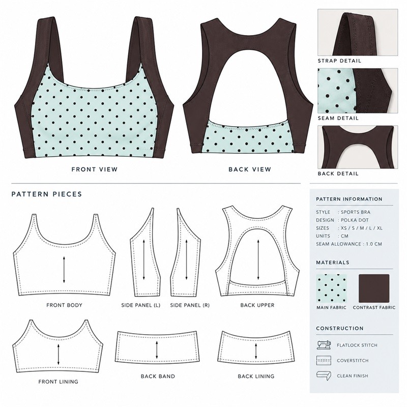 Bloomto sports bra design with front and back views, pattern pieces, materials, and construction details