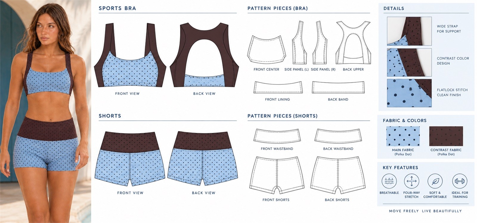 Bloomto activewear collection development board showing finished garments, patterns, fabrics, colors, and construction details