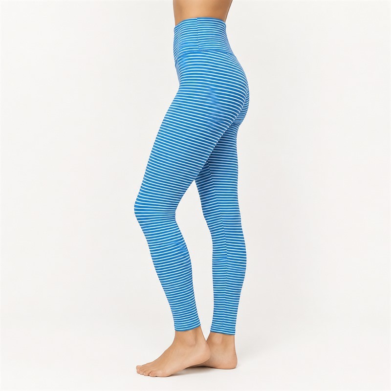 Side view of blue striped yoga leggings