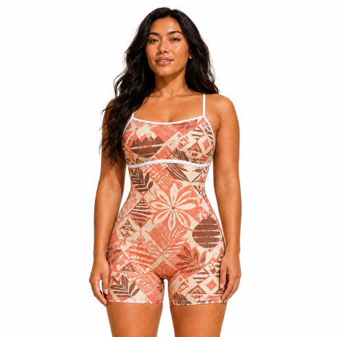 Custom Yoga Jumpsuit Manufacturer – Coral Geometric Print | Beach & Studio