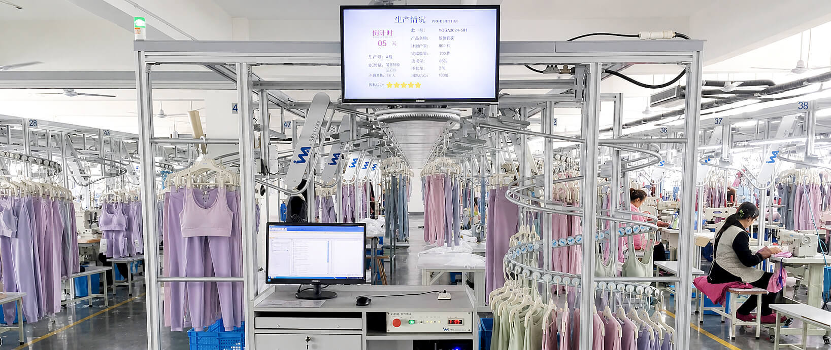 Línea de producción de ropa deportiva OEM de Bloomto utilizando un sistema computarizado de colgado de prendas