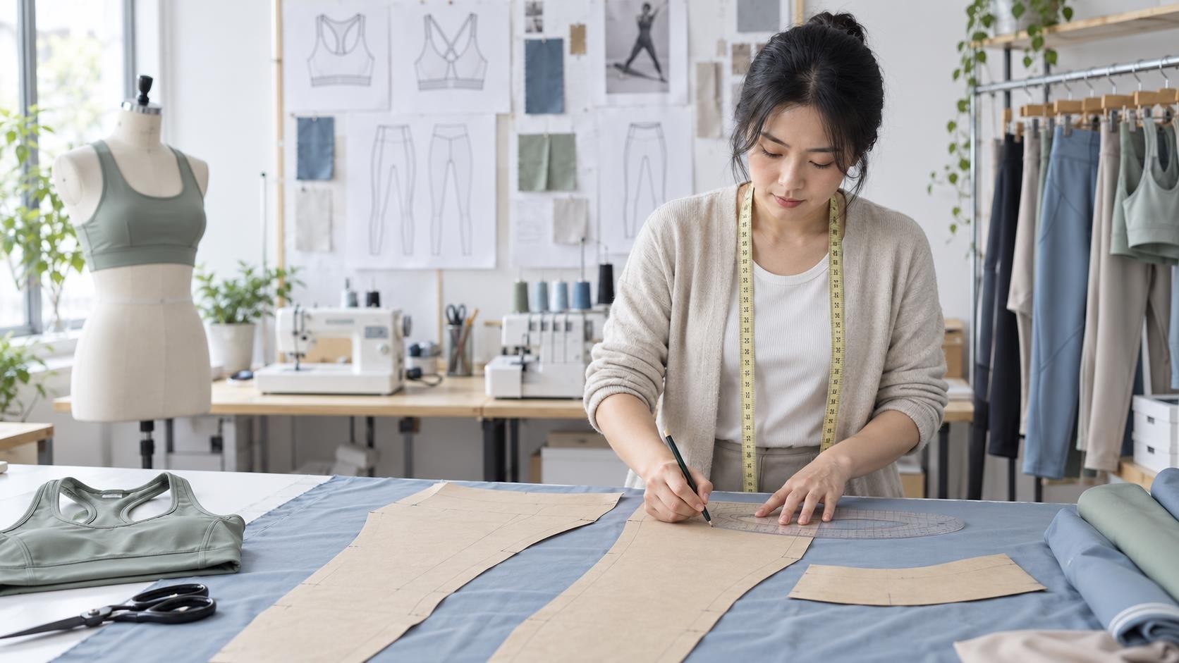 Pattern maker drafting leggings patterns for OEM and ODM product development