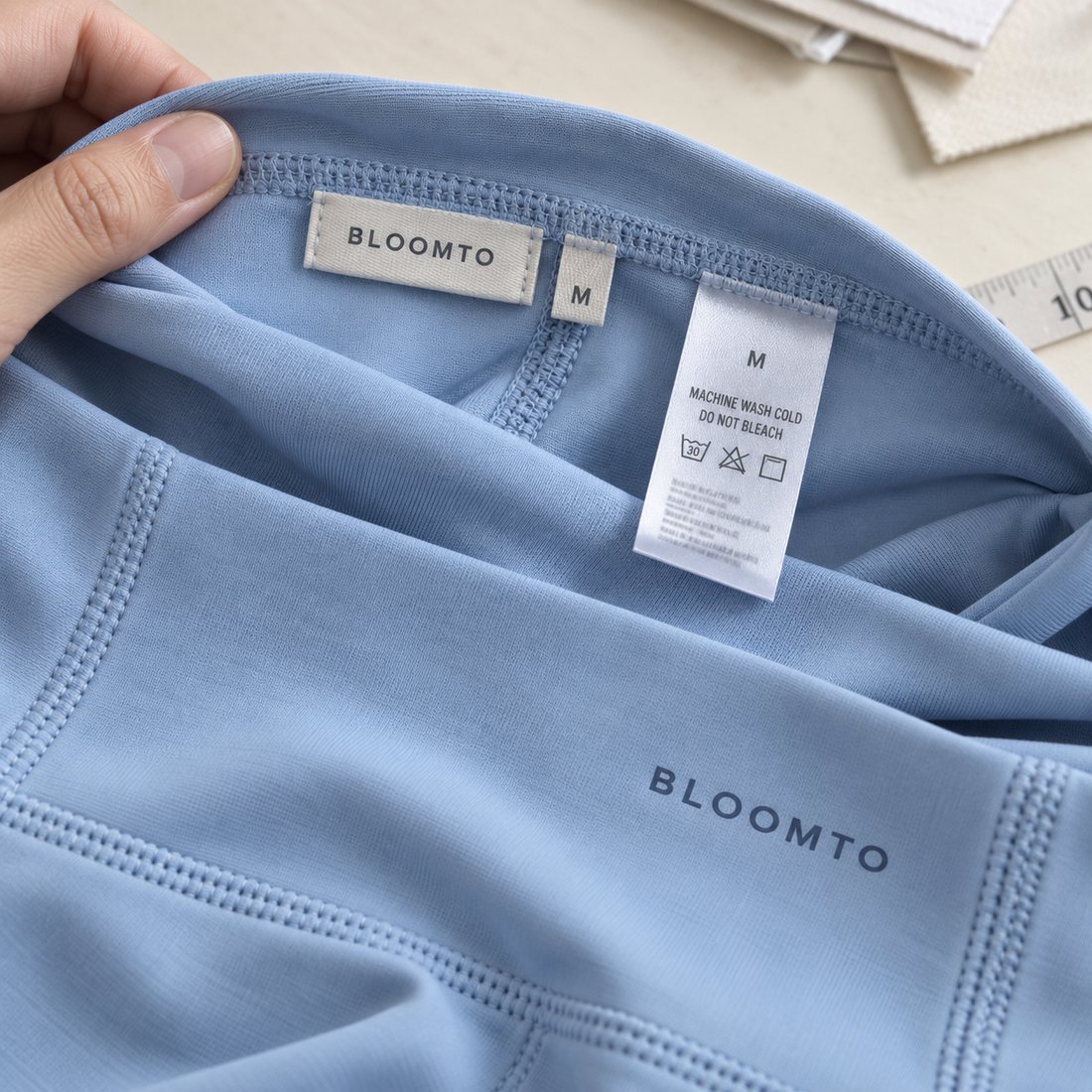 Custom Bloomto logo and garment labels on yoga leggings