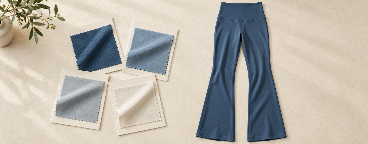 Blue activewear fabric swatches beside finished wide-leg leggings for capsule color planning