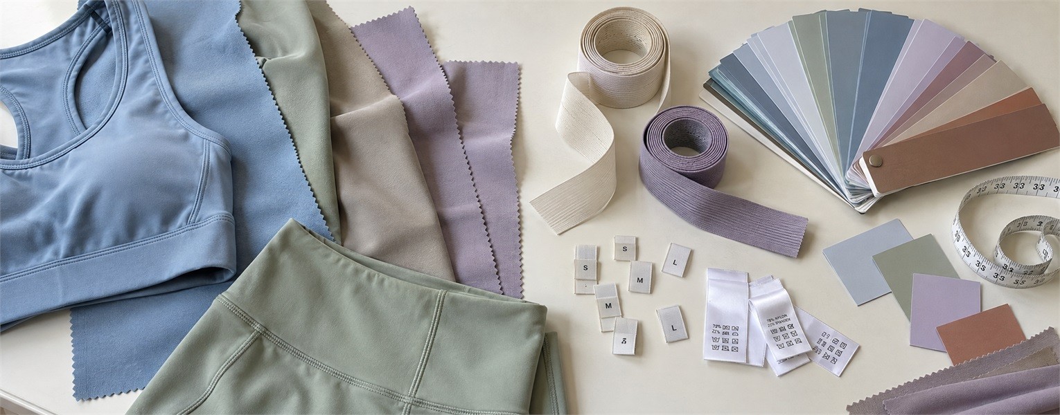 Sports bra and leggings fabric swatches elastic labels and color standards for matching activewear set development