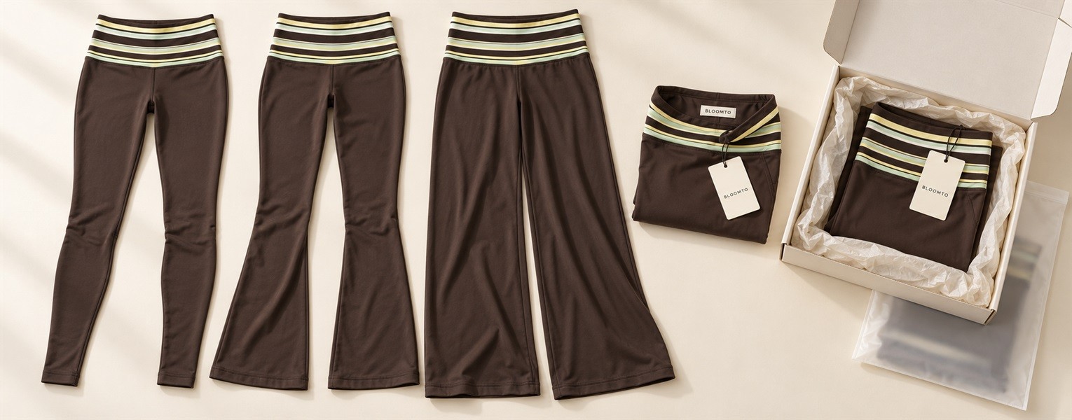 Colecci贸n de leggings de marca privada presentada con embalaje etiquetas colgantes y etiquetas de marca Bloomto