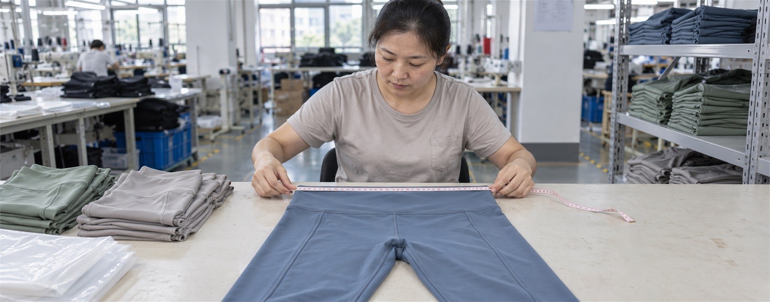 Worker measuring the waistband of blue leggings during a garment quality check in an apparel workshop