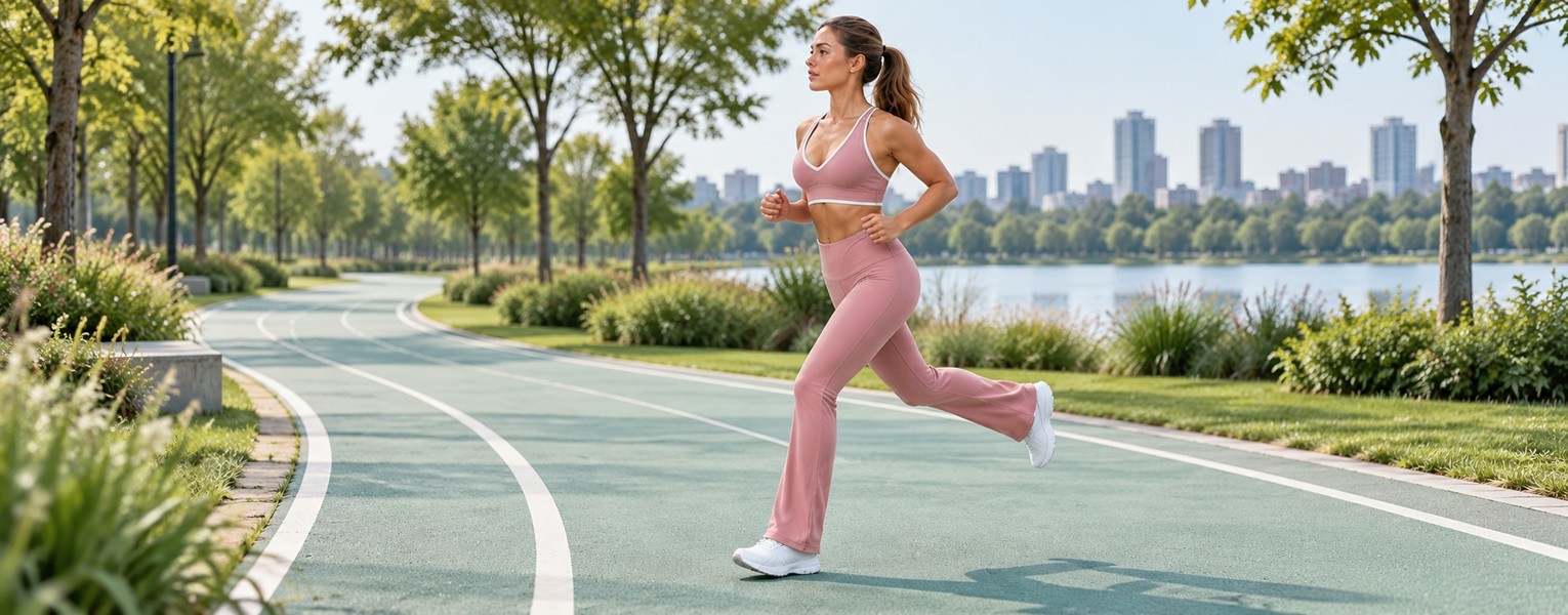 Woman wearing pink flared leggings and a matching sports bra while running on a lakeside park track