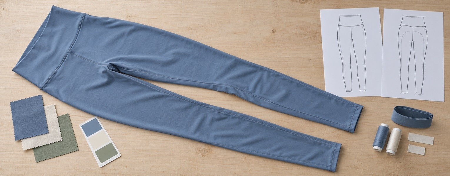 Blue leggings laid out with front and back technical sketches, fabric swatches, color cards, elastic and thread