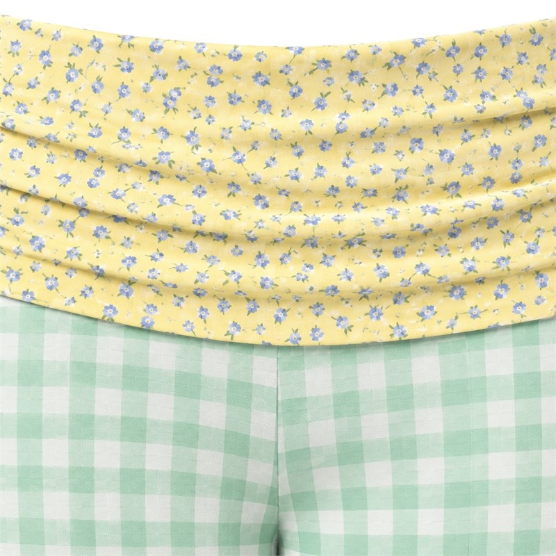 Gingham yoga set shorts with a wide yellow floral waistband and horizontal folds