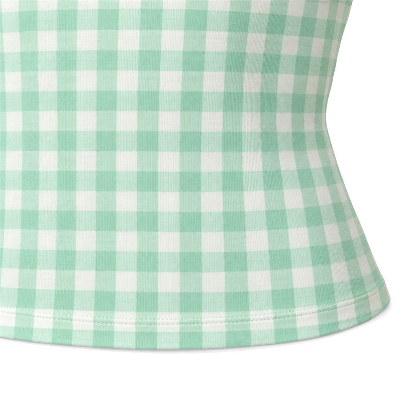 Shaped side and stitched lower hem of the mint gingham yoga set tank