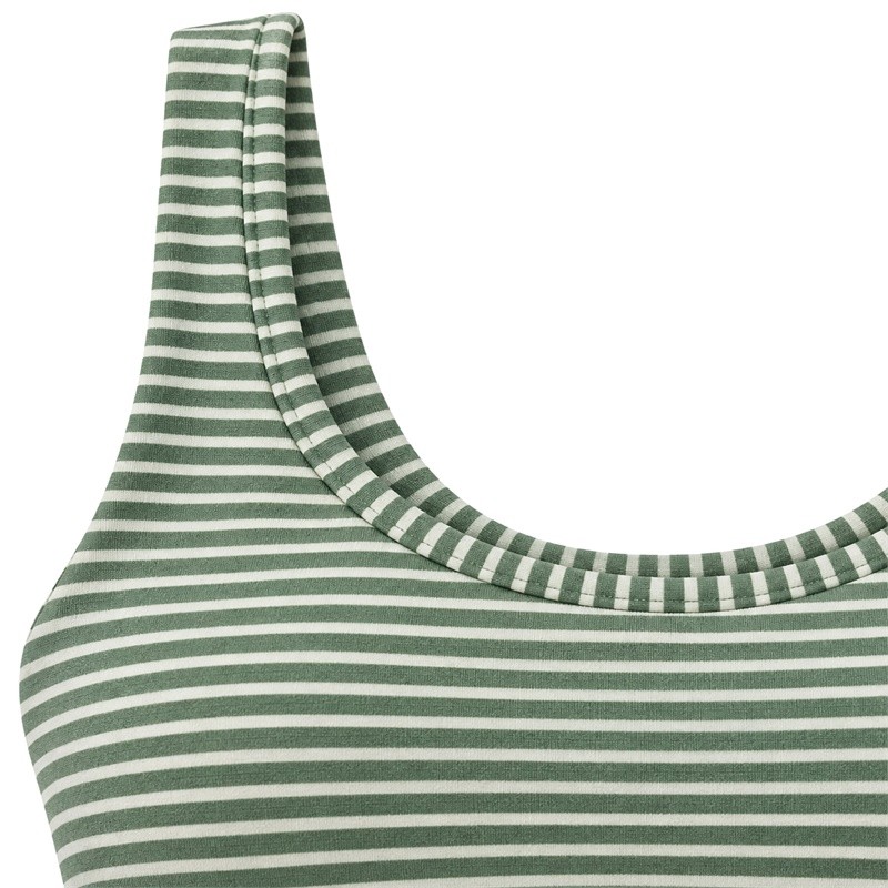 Racerback sports bra front shoulder and bound U-neck with fine green stripes