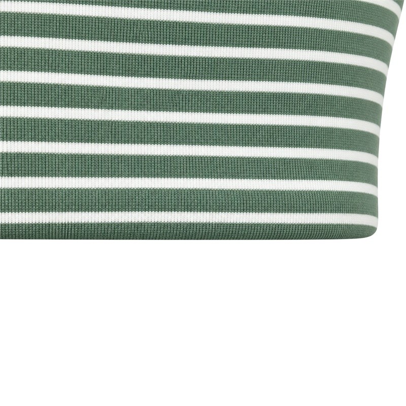 Fine striped racerback sports bra lower edge and green cream stripe repeat