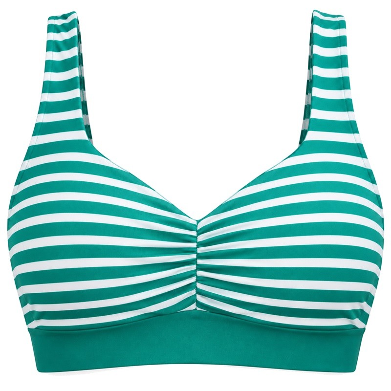 Ruched sports bra V-neck and gathered striped front above a solid teal underband