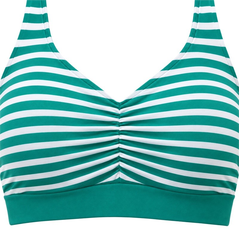 Ruched sports bra gathered center seam and plain teal lower band detail