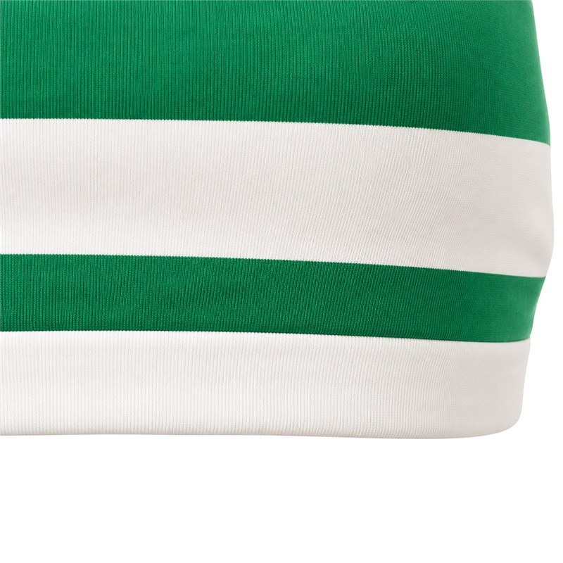 Square neck sports bra lower edge with broad green and white horizontal stripes