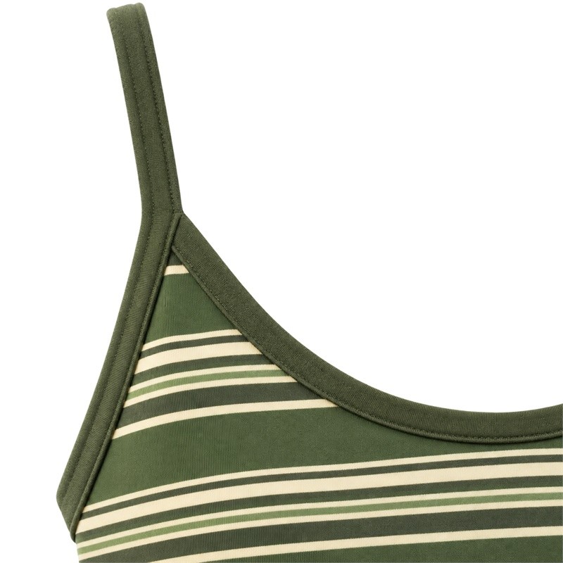 Thin strap sports bra olive bound U-neck and narrow shoulder strap detail