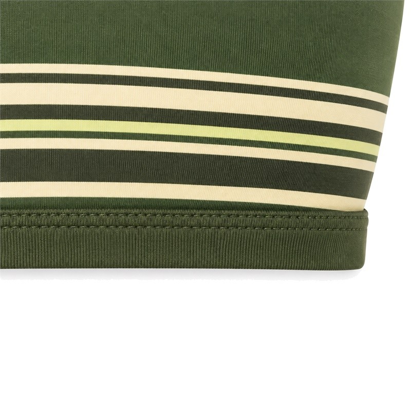Thin strap sports bra solid olive lower edge with visible parallel stitch rows