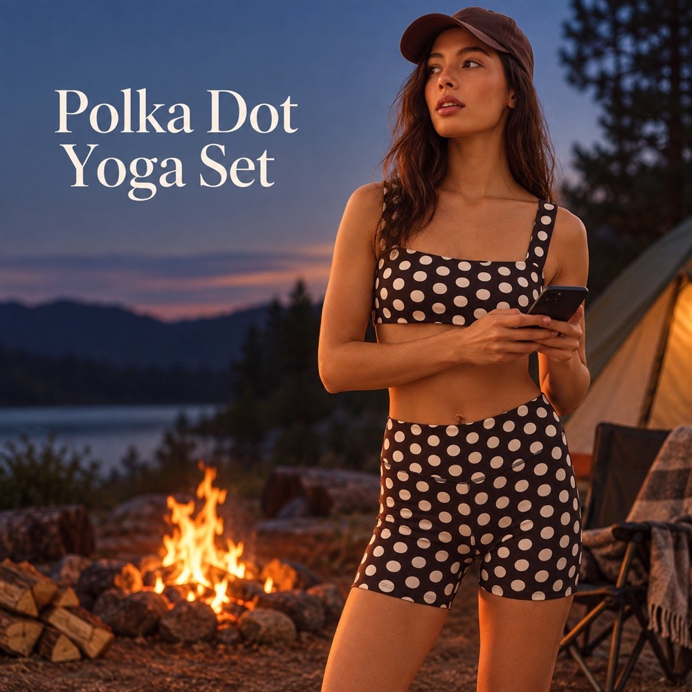 Woman wearing the brown polka dot top and shorts beside a tent and campfire at dusk