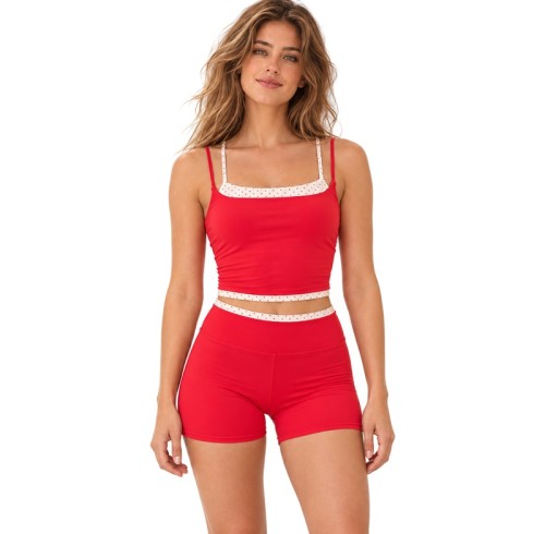 Custom Polka Dot Trim Yoga Set – Double Straps & High Waist Shorts
