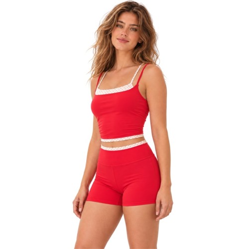 Custom Polka Dot Trim Yoga Set – Double Straps & High Waist Shorts