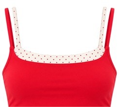 Close-up of red and cream double straps and polka dot trim around the square neckline