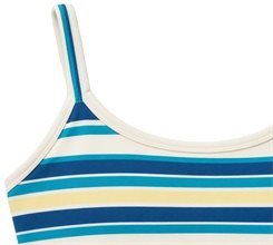 Close-up of the striped yoga top with cream scoop-neck binding and a narrow shoulder strap