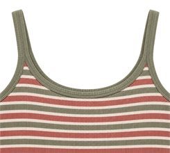 Close-up of an olive-bound scoop neckline and straps on a rose olive and cream striped cami