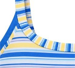 Close-up of the square front neckline and striped strap binding on a blue yellow and white yoga top