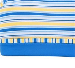 Blue hem band below horizontal stripes and a narrow vertical-stripe trim on the cropped top