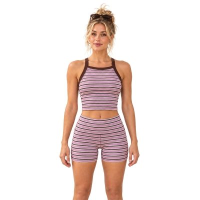 Custom High Neck Yoga Set – Mauve Stripe Crop Top & Shorts