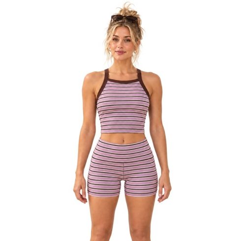 Custom High Neck Yoga Set – Mauve Stripe Crop Top & Shorts