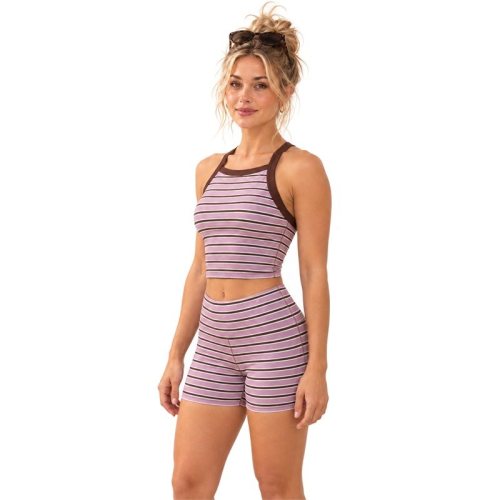 Custom High Neck Yoga Set – Mauve Stripe Crop Top & Shorts