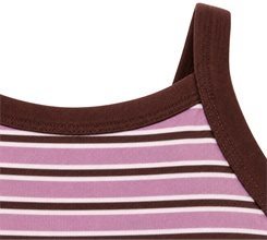 Close-up of brown neckline and armhole binding on a mauve striped high-neck crop top