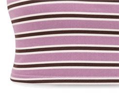 Close-up of the cropped top hem with mauve brown and cream horizontal stripes