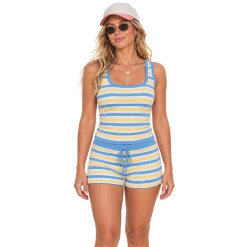 Custom Tank Yoga Set – Blue & Yellow Stripes with Tie-Front Shorts